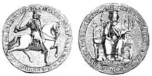 Gravure d'un sceau. Le revers montre un cavalier en armure brandissant son épée tandis que l'avers représente le roi assis sur son trône.