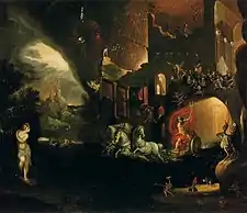 Peinture représentant un palais dans un lieu sombre. Un homme sur un chariot se dirige vers une zone plus claire, ressemblant à un champ dévasté.