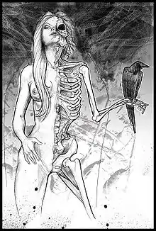Dessin en noir et blanc représentant une femme dont le côté droit est en chair et le côté gauche en os ; un corbeau se tient sur sa main gauche.