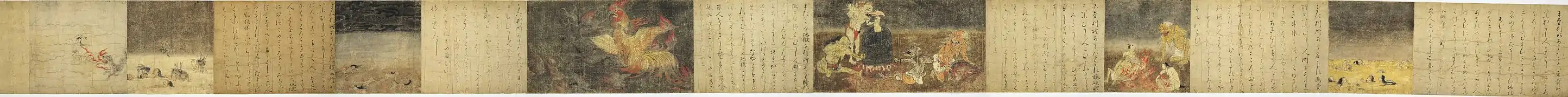 Alternance entre texte et peinture. Rouleau des enfers de Nara, XIIe.