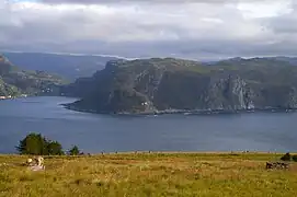 En regardant vers le sud depuis Kvalheim (en) vers le Phare d'Hendanes