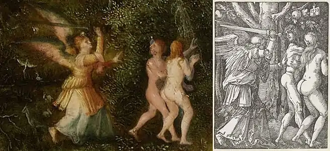 F. Henri Bles, Paradis (détail) et Albrecht Durer, Expulsion du Paradis, 1510, xylographie.