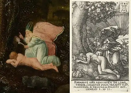 G. Henri Bles, Paradis (détail) et Heinrich Aldegrever, Création d'Ève pendant le sommeil d'Adam, 1541, chalcographie.