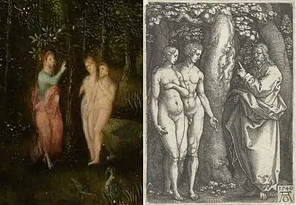H. Henri Bles, Paradis (détail) et Heinrich Aldegrever, Dieu réprimandant Adam et Ève, 1540, chalcographie.