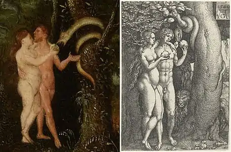 I. Henri Bles, Paradis (détail) et Heinrich Aldegrever, La chute, 1540, chalcographie.