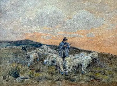 Berger et son troupeau au bord de la mer à la tombée du jour, aquarelle gouachée, collection privée.