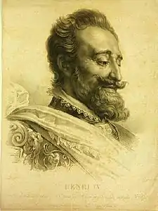 Portrait d'Henri IV (1827), taille douce d'après un dessin de Louis-Édouard Rioult et une toile de Gérard (musée national du château de Pau)