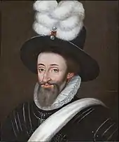 Portrait d'Henri IV portant une écharpe blanche et un chapeau avec un panache blanc.