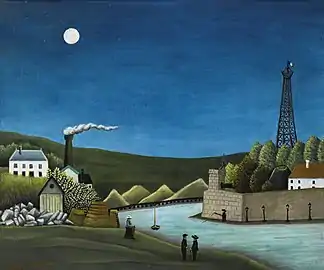 Photographie en couleur d'un tableau représentant un quai, des bâtiments, une tour et un fleuve.