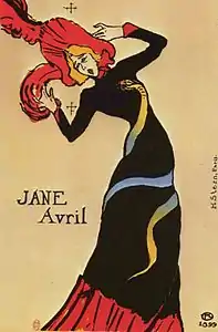 Henri de Toulouse-Lautrec, Jane Avril (affiche, 1899), lithographie d'après la photographie précédente de Paul Sescau.