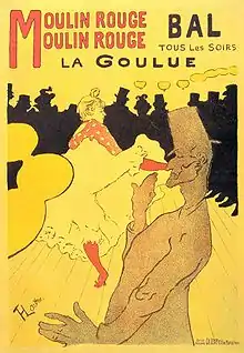 La peinture intitulée « Moulin rouge : la goulue », représente une danseuse de french cancan devant un public dont on ne devine que les sikhouettes. AU premier plan, un homme semble ne pas y prêter attention.