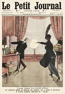 Assassinat de Gaston Calmette en 1914 dans le bureau du directeur du journal. Dessin de presse d'une scène de crime.
