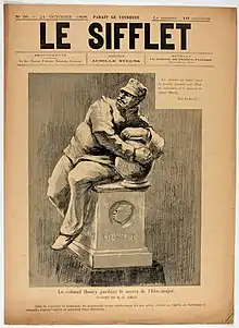 Caricature dreyfusarde d'Ibels montrant une statue (parodie du Génie gardant le secret de la tombe de Saint-Marceaux) élevée au faussaire Henry (1898).
