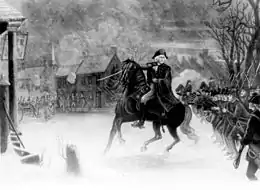 Gravure en noir et blanc montrant George Washington à cheval menant ses soldats et pointant son épée. Le combat se déroule dans une rue de la ville, avec des soldats hessois visibles à l'arrière-plan.