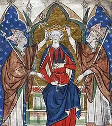 Enluminure représentant un homme assis sur un trône tandis que deux ecclésiastiques lui posent une couronne sur la tête