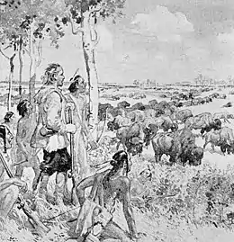 Henry Kelsey en compagnie d'Amérindiens observant des bisons dans les plaines, dessin.