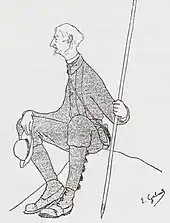 Dessin d'un homme représenté de profil assis sur un rocher, tenant dans sa main droite un chapeau, dans sa main gauche un bâton.