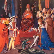 Peinture montrant deux groupes d'hommes face à face avec un personnage en habits pontificaux assis sur un trône au centre