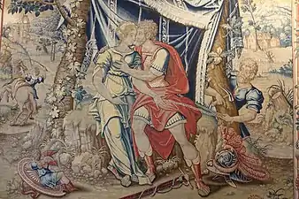 Héphaïstos s’apprêtant à attraper Arès et Aphrodite dans un filet.