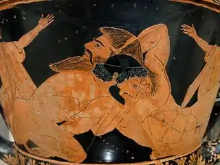 Lutte d'Héraclès et d'Antée,Euphronios, peintreEuxithéos, potier.Collection Campana