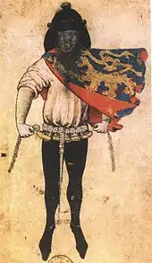 Portrait en pied d'un personnage vêtu de noir et de blanc et d'un manteau décoré d'un blason.