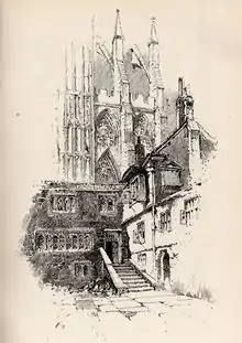 Ancienne gravure montrant un petit logis modeste devant l'abbaye de Westminster.