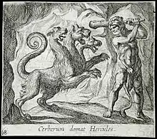 Gravure de Cerbère et Héraclès par Antonio Tempesta. Musée d'Art du comté de Los Angeles.