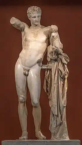 Hermès portant Dionysos enfant. H. 2,13 m. Copie romaine du marbre original (peu après 350 ?,) de Praxitèle.MArch Olympie