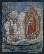 Salutations au juste sur le chemin de la Terre pure d'Amitābha. Thangka sur toile avec bordure d'origine. XIIIe