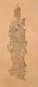 Paon, fragment d'un Thangka Salutations au juste sur le chemin de la Terre pure d'Amitābha. Encre de chine. XIIIe
