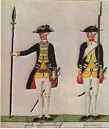 La gravure montre deux soldats en manteau bleu foncé, revers et gilet jaunes, culotte et guêtres blanches, et chapeau tricorne. L'officier de gauche tient une demi-pique tandis que le soldat de droite tient un mousquet.