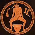 Hétaïre urinant dans un skyphos (vase haut). Intérieur d’un kylix (coupe à boire) du Ve siècle av. J.-C.