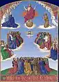 Une assemblée priant surplombé par les saints, apôtres, le Saint-Esprit, la Vierge, le Christ et Jean-Baptiste et anges.