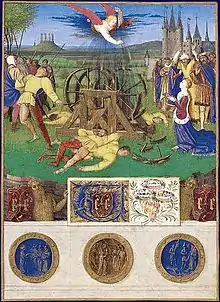 Machine infernale à trois roues détruite par un ange et tuant des bourreaux devant Catherine agenouillée.