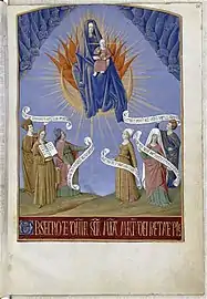 Vierge à l'Enfant entourée d'anges et surplombant 6 femmes portant des phylactères