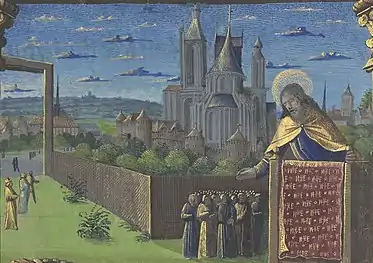 Représentation de la cathédrale Saint-Étienne de Bourges au XVe siècle, détail d'une enluminure ornant les Heures de Louis de Laval, fo 265 ro, Paris, BNF, vers 1469-1485.