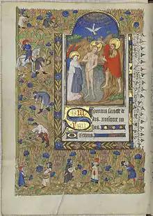 Page de manuscrit avec une décoration de feuillage et petits personnage encadrant un texte et une grande image.