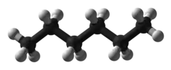 Représentation en 3D de l'hexane. Noir : Carbone, Blanc : Hydrogène.