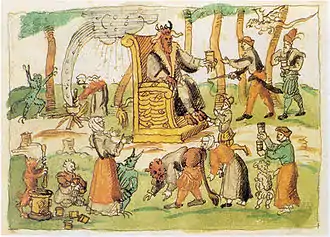 Le Diable est représenté avec un corps rouge et des cornes. Il est assis sur un trône dans une forêt, entouré de ses serviteurs.