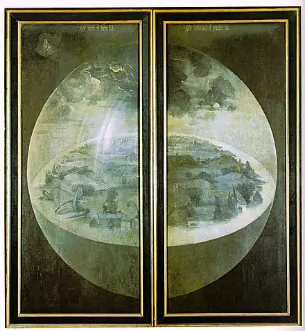 Deux rectangles accolés représentant ensemble une sphère transparente contenant une espèce d'île, un personnage dans son angle supérieur gauche, le tout peint en grisaille, ainsi qu'une phrase écrite sur son côté supérieur.