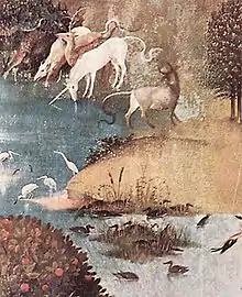 Le tableau montre différents animaux qui boivent côte à côte, dont une licorne blanche qui touche l'eau de la pointe de sa corne.