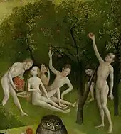 des hommes et des femmes cueillent des fruits dans les branches d'un arbre sous lequel ils sont assis.