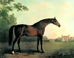 Peinture représentant un cheval bai foncé dans un paysage de campagne, une maison étant en arrière-plan.