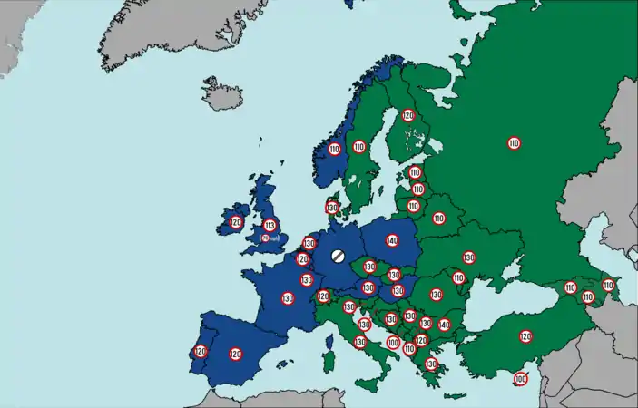 Couleur des panneaux autoroutier et limites de vitesse sur autoroute en Europe.