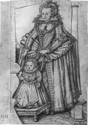 Dessin représentant Élisabeth Stuart, Electrice Palatine et son fils Frederick Henry.Probable travail de préparation à une gravure