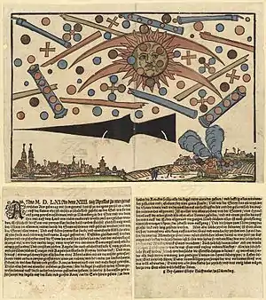 Le feuillet contient une illustration et du texte. Le paysage montre divers objets dans le ciel, soleil, sphères, cylindres, pointe de flèche, la ville de Nuremberg, une église en feu à droite avec de la fumée qui s'élève.