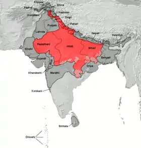 Carte de la Hindi Belt avec les groupes de dialectes.