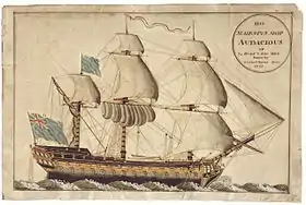 Dessin en couleur d'un vaisseau britannique à trois mâts principaux et deux rangées de canons