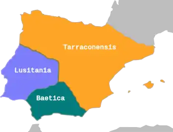 Carte topôgraphique en couleur. Provinces romaines de l'Hispanie crées par Auguste.