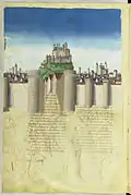 Siège de Troie : miniature extraite de l'Histoire de la destruction de Troye la grand, vers 1493-1500, enluminure sur parchemin, Nouv. Acqu. Fr. 24920, folio 41 verso (BNF).